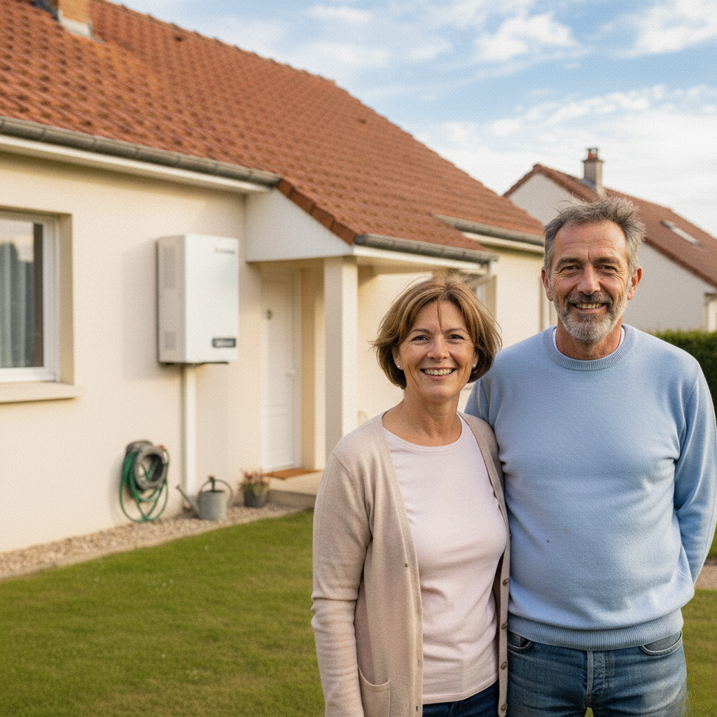 Couple devant leur pavillon avec pompe à chaleur installée