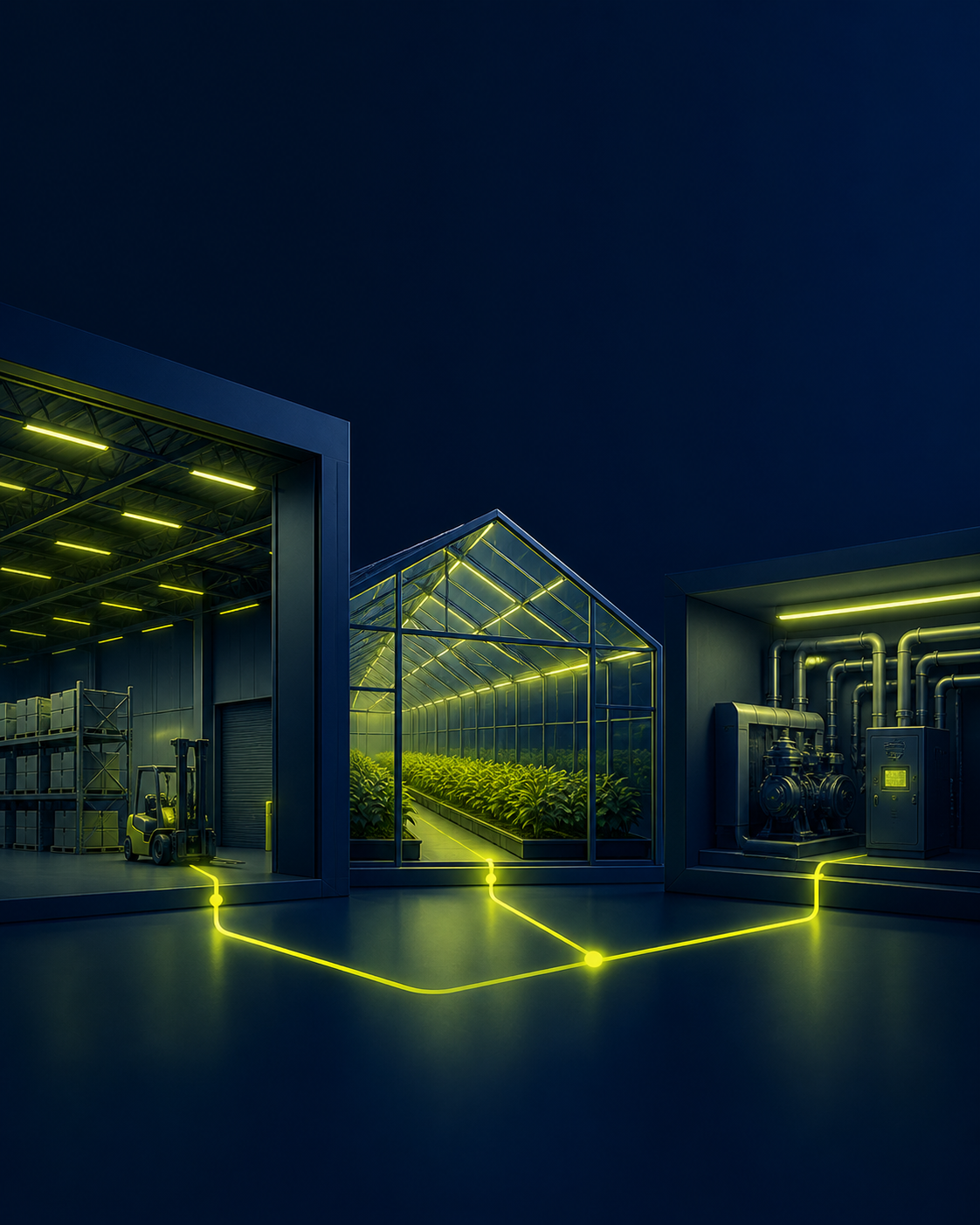 Hangar, serre et local technique illustrant les 3 expertises Neo Energie pour les pros