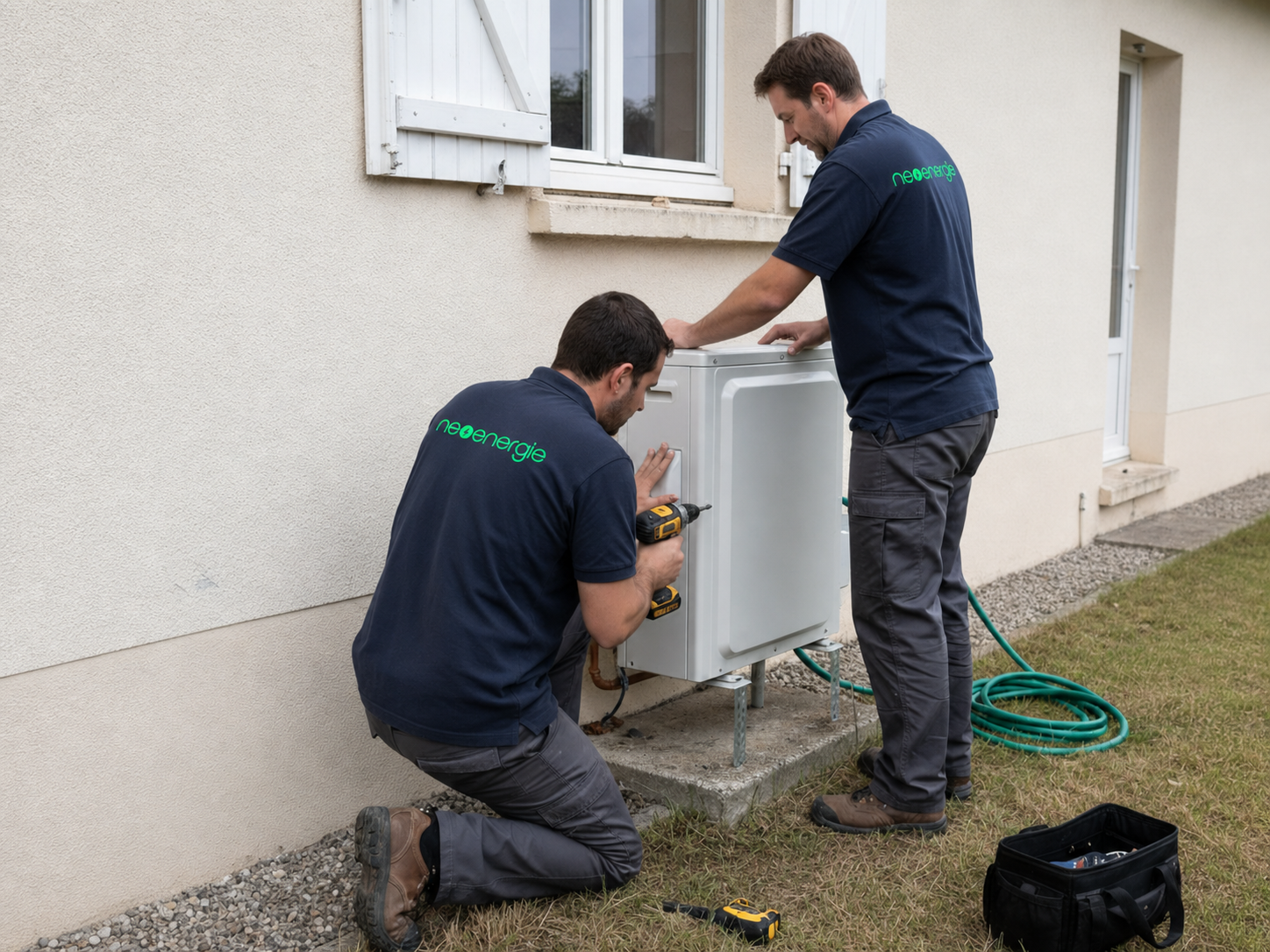Techniciens Neo Energie installant une pompe à chaleur Thaleos sur un pavillon français